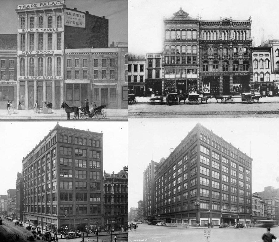 Four black-and-white images showing the evolution of a downtown commercial building. The top images depict 19th-century storefronts with horse-drawn vehicles and signs for N.R. Smith & Ayres. The bottom images show a larger early 20th-century department store building occupying the same corner, surrounded by automobiles and city street activity.