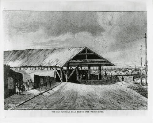 Illustration of an early covered bridge on the National Road, showing a wooden bridge, dirt roadway, a few people nearby, and a small town landscape in the distance.