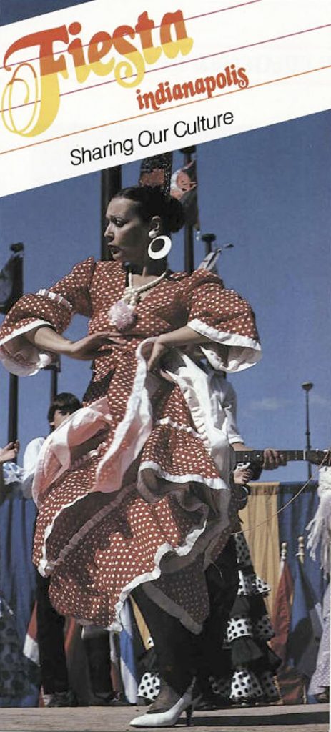 Cover of a Fiesta Indianapolis brochure featuring the slogan “Sharing Our Culture” above a photograph of a flamenco dancer performing on an outdoor stage. The dancer wears a ruffled polka-dot dress, with musicians and other performers visible in the background.