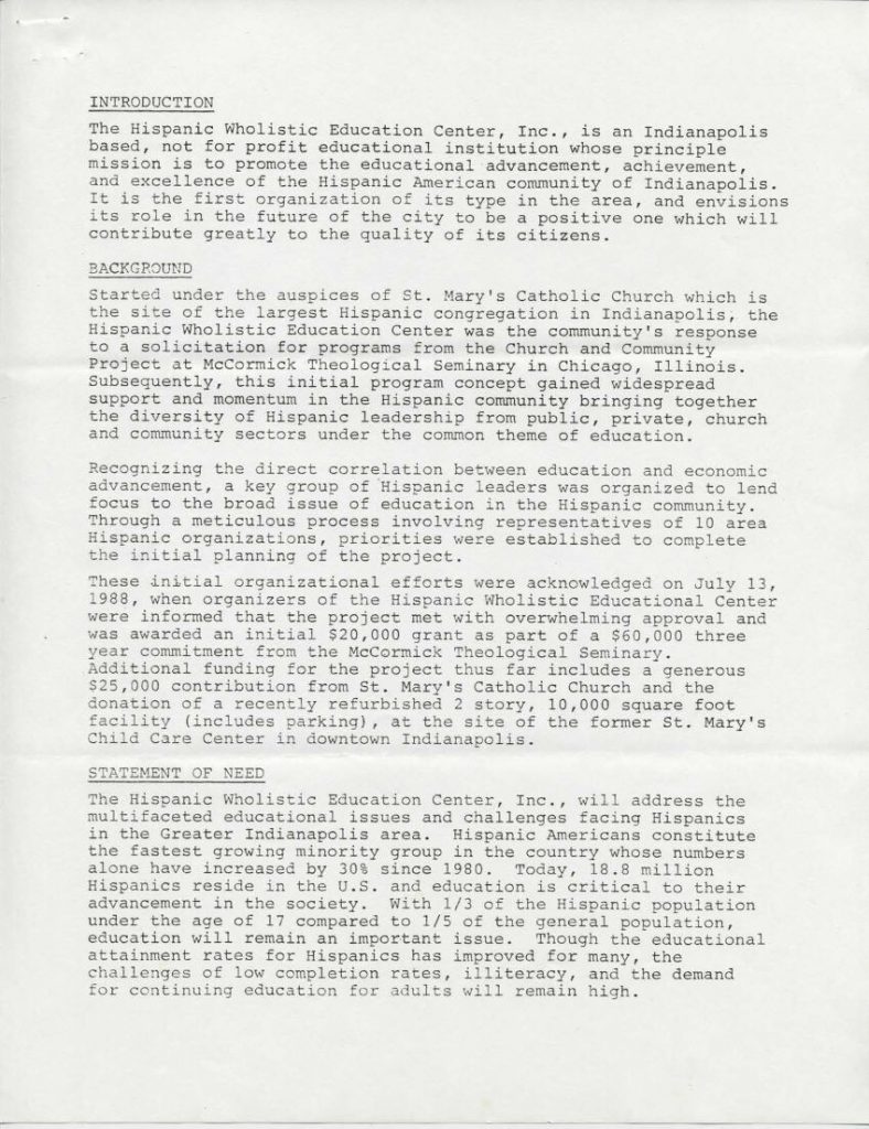 Typed page describing the Hispanic Wholistic Education Center, Inc., an Indianapolis nonprofit founded to support educational advancement in the Hispanic community. The document includes sections titled “Introduction,” “Background,” and “Statement of Need,” outlining the organization’s mission, development, funding, and educational goals.
