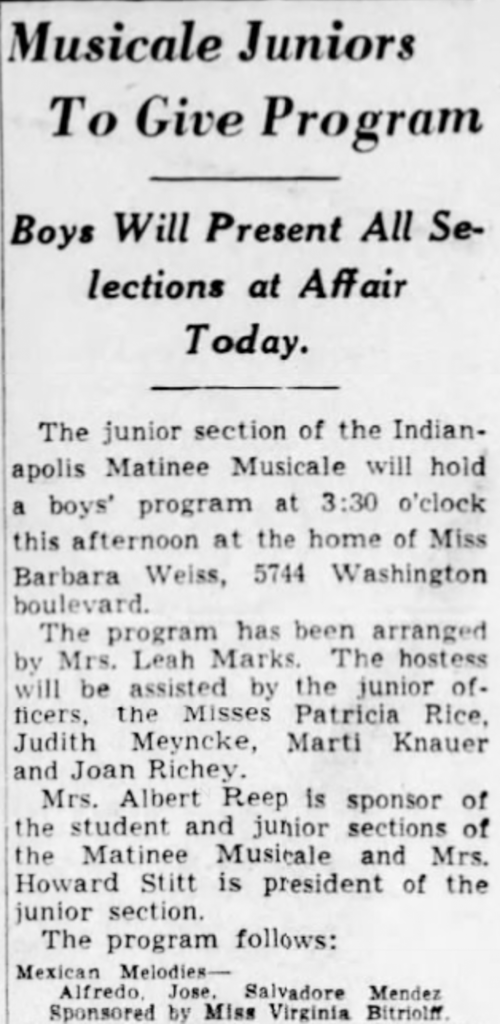 Newspaper clipping titled “Musicale Juniors To Give Program,” announcing a boys' musical program by the Indianapolis Matinee Musical junior section at the home of Miss Barbara Weiss on Washington Boulevard.