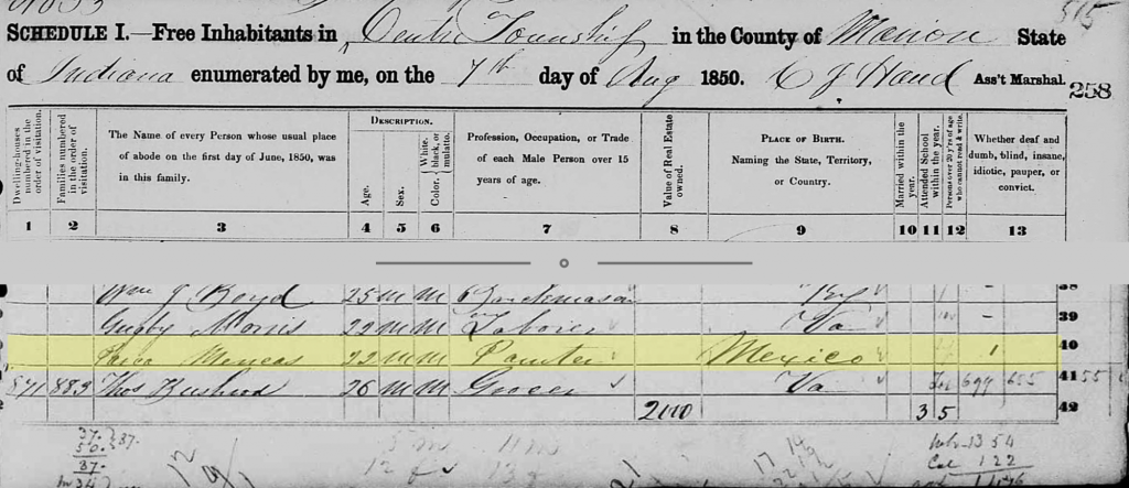 Detail from an 1850 U.S. Census page for Marion County, Indiana, showing a highlighted entry for Pasca Meneas, a 22-year-old painter whose place of birth is listed as Mexico. The image includes census column headings and handwritten census records.