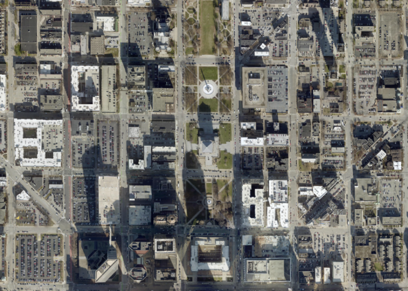 An aerial view of a section of Indianapolis.