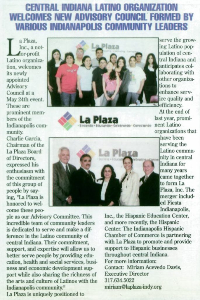 Newspaper article announcing La Plaza’s new advisory council, featuring two group photos, La Plaza logos, and text describing the council’s mission to serve Central Indiana’s Latino community.
