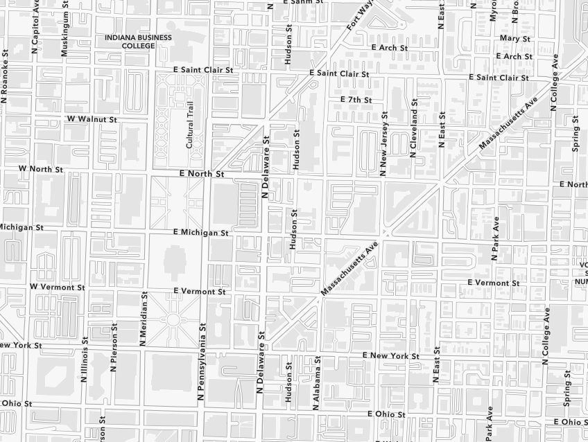 Black and white street map focused on Indiana War Memorial Plaza.