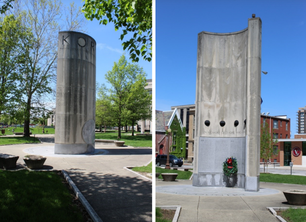 Side-by-side color photographs of the Korean War Memorial in a landscaped urban park. The left image shows a tall cylindrical concrete monument engraved with “KOR,” surrounded by trees, lawns, and walking paths. The right image shows the reverse side of the monument, featuring a curved concrete wall with circular openings and an inscription, with a wreath placed at its base. Buildings, streets, and green space are visible around the memorial under a clear blue sky.