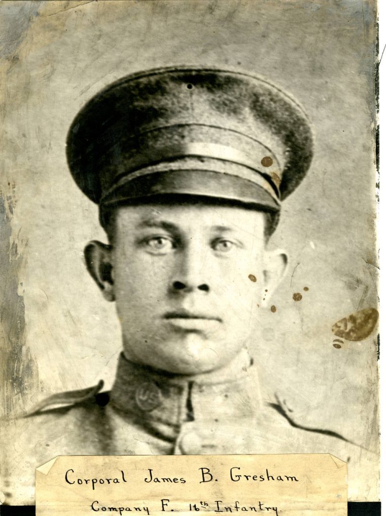 Head shot of a soldier. A label reads "Corporal James B. Gresham, Company F. 16th Infantry.