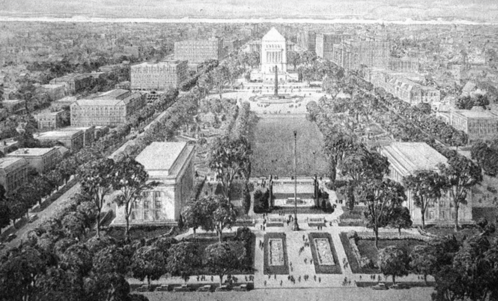 Bird’s-eye architectural rendering of a large formal civic plaza centered on a monumental memorial building in the distance. Tree-lined streets border the site, while landscaped gardens, walking paths, reflecting pools, and open lawns are arranged symmetrically around a long central axis. Large classical-style buildings occupy the foreground corners, and the surrounding city extends outward in all directions.