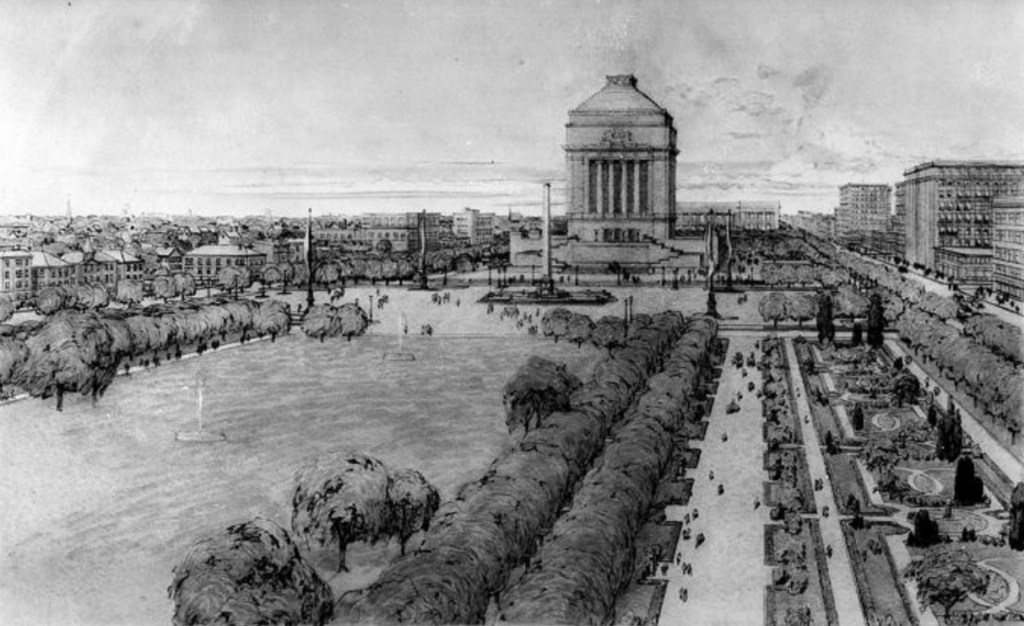 Perspective rendering of a grand memorial plaza viewed from an elevated angle. A monumental neoclassical building with a pyramidal roof and tall columned façade dominates the background. The foreground features expansive lawns, tree-lined promenades, formal gardens, fountains, and monuments arranged in a highly symmetrical layout. City streets and commercial buildings surround the landscaped civic space, illustrating a proposed urban beautification plan.