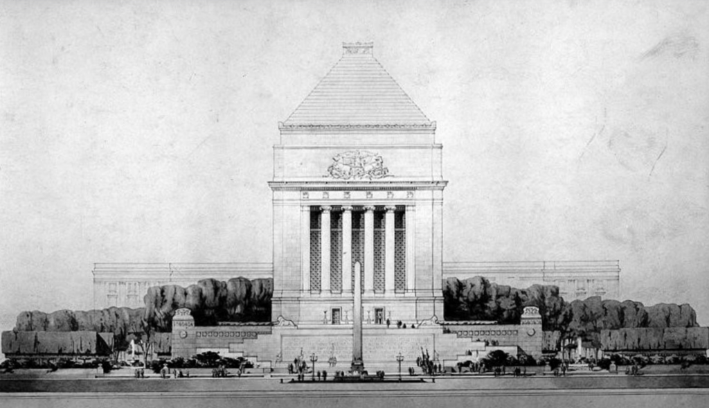 Architectural rendering of a monumental neoclassical memorial building. The structure features a massive central tower with a pyramidal roof, tall fluted columns, broad terraces, and formal landscaping. An obelisk-like monument stands in front of the building, while rows of trees and symmetrical stairways frame the approach. Small figures are included for scale, emphasizing the building’s grand size and formal civic character.