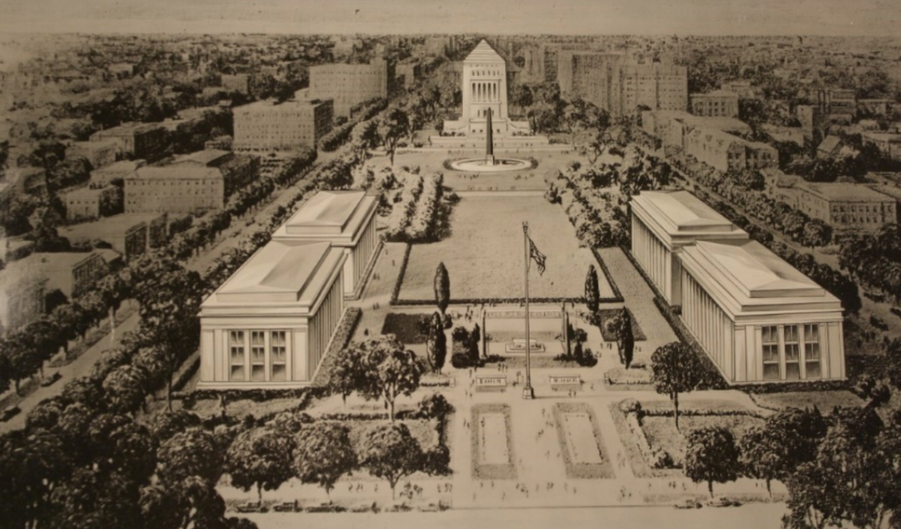 Architectural rendering of the proposed Indiana World War Memorial Plaza, depicting symmetrical museum buildings flanking a landscaped central promenade leading to the memorial. Tree-lined walkways, formal gardens, fountains, and an American flag are shown within a grand civic landscape surrounded by downtown Indianapolis buildings.